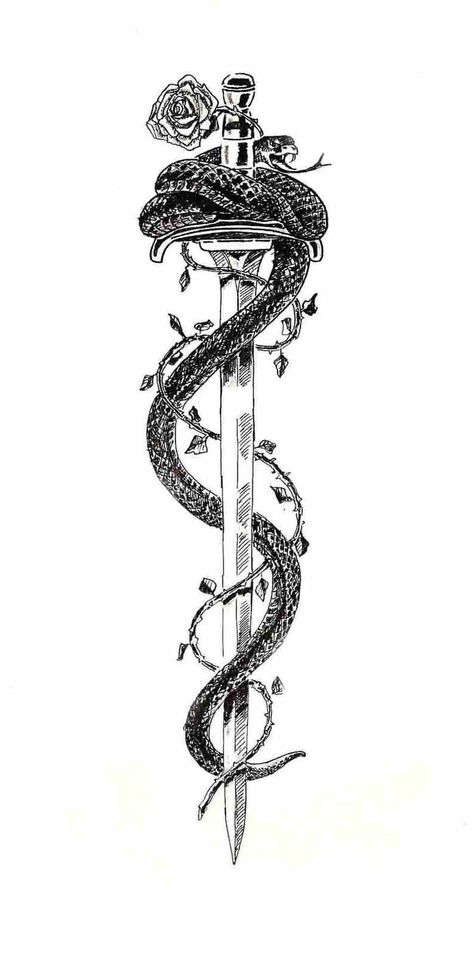 Swords Snake Tattoo, Swords And Roses Tattoo, Snake On A Rose Tattoo, Stab In The Back Tattoo, Dragon Tattoo Designs With Swords, Men Back Of Arm Tattoo, Snake Around Dagger Tattoo, Snake With Swords Tattoo, Snake Tattoo Design Back