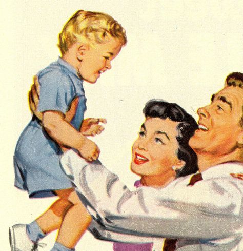 Bringing Up Baby! ~ Woman's Day, February 1952 가족 일러스트, Vintage American Art, Nuclear Family, Retro Housewife, Family Illustration, Images Vintage, Digital Archives, Vintage Life, Pose Reference Photo