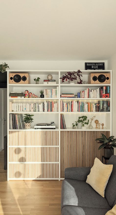 Shelf 002 : a big bookshelf to store their books, the growing record collection, the speakers, but also plenty of objects. #shelf #jjboooth #storage #wood #bois 📍Saint-Ouen ©️JJ.Boooth Big Bookshelf, Turntable Furniture, Hifi Room, Vinyl Record Crafts, Record Crafts, Ikea Bookcase, Record Shelf, Martin House, Record Table