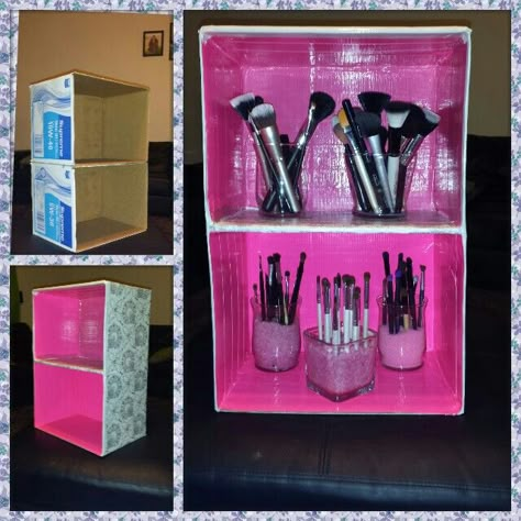 DIY MAKEUP STORAGE: 2 ugly boxes + duck tape & wrapping paper = mini shelf for my makeup brushes!♡ Diy Makeup Storage Box, Makeup Organization Ideas, Mini Shelf, Diy Outdoor Bar, Diy Makeup Storage, Diy Makeup Vanity, Box Wrapping, Makeup Organization Diy, Makeup Storage Box