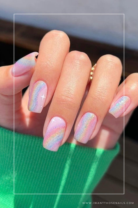 Step into the sunny season with a pop of color on your nails! Embrace the playful vibes of summer by trying out some sizzling rainbow nail designs. Whether you opt for bold neon stripes or pastel ombre hues, these cheerful nails are sure to bring joy to your every day. Rainbow Glitter Nails, Nails Rainbow, Spring Rainbow, Rainbow Nails Design, Rainbow Nail Art, Glitter Manicure, Long Nail Designs, Short Nails Art, Trendy Nail Art