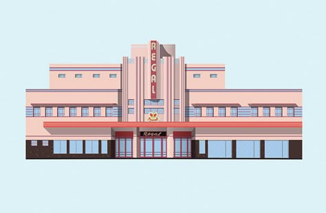 Retro Buildings, Hotel Plans, Art Deco Drawing, Retro Cinema, Cinema Architecture, Facade Ideas, Miami Art Deco, Planet Coaster, Art Deco Inspiration