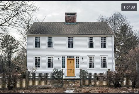 Colonial without shutters.  Like the look, yellow door nice too. Colonial Without Shutters, Exterior No Shutters, Cream Colonial House Exterior, Dutch Colonial Exterior, White Colonial House, Brown Shutters, White Colonial, Colonial House Exteriors, Colonial Homes