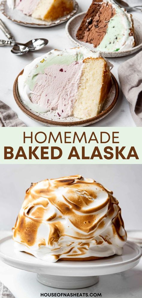 Impress your friends with a homemade Baked Alaska piled high with toasted marshmallow meringue topping over your favorite ice cream flavors and moist cake. This iconic make-ahead dessert is a fun bucket list bake for any home baker! #bakedalaska #icecream | baked Alaska recipe | baked Alaska cake recipe | baked Alaska meringue | how to make meringue for baked Alaska Easy Baked Alaska Recipe, Baked Alaska Cake, Bake Alaska Cake, Baked Alaska Recipe Traditional, Arctic Cake, Alaska Cake, Wife Cooking, Baked Alaska Recipe, Marshmallow Meringue