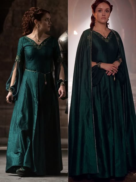 House Targaryen Dresses, Alicent Hightower Cosplay, Green Royal Dress, House Of The Dragon Dress, Alicent Hightower Dress, Green Cape Dress, Green Medieval Dress, Westeros Fashion, Daenerys Targaryen Dress