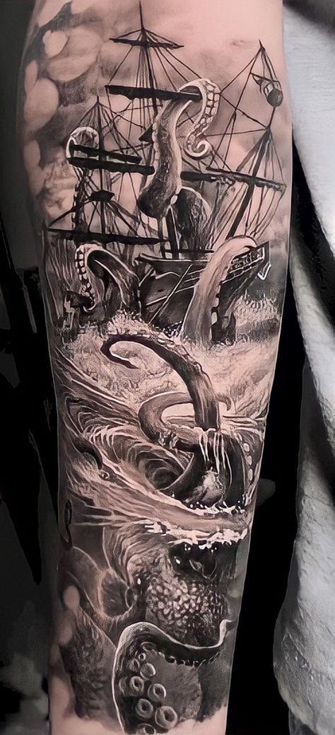 Kraken Tattoos, Pirate Tattoo Sleeve, Tattoo Ideas For Ladies, Sea Tattoo Sleeve, Ship Tattoo Sleeves, Ocean Sleeve Tattoos, Nautical Tattoo Sleeve, Octopus Tattoo Sleeve, Kraken Tattoo