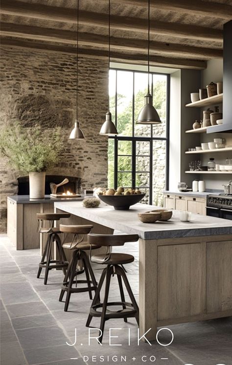 Belgian Farmhouse, Japandi Kitchen Design, Japandi Furniture, Rustic Industrial Kitchen, Modern Industrial Kitchen, Japandi Kitchen, Japandi Home, Industrial Kitchen Design, Rustic Kitchen Island