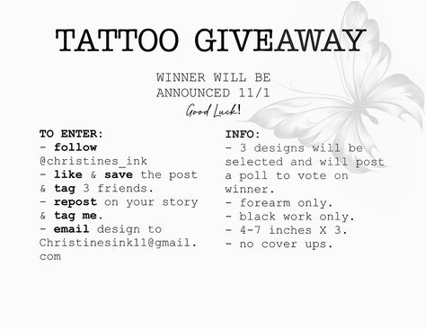 Happy to announce I will be doing a forearm Black work TATTOO GIVEAWAY✨ • you can enter now through 11/1 • this is only for a black work forearm tattoo • no cover ups • size: 4-7 x 3 TO ENTER: • FOLLOW @christines_ink • LIKE and SAVE this post • TAG 3 friends on this post • REPOST on your story and TAG ME • EMAIL YOUR DESIGN TO christinesink11@gmail.com 3 designs will be selected and the winner will be voted by you. Will be posting a pool. GOOD LUCK 💕✨ #tattoogiveaway #tattooshop... Tattoo Giveaway, Black Work Tattoo, Work Tattoo, 3 Friends, Black Work, Giveaway Winner, Forearm Tattoo, Cover Ups, Email Design