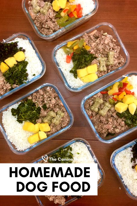 Containers full of homemade dog food recipe - containing meat, fruit, vegetables, and rice. Cooked Meals For Dogs, Home Cooking For Dogs, Meal Prep For Dog Food, Healthy Meal Prep For Dogs, Homemade Dog Food No Chicken, Home Cooked Meals For Dogs, Homemade Dog Food Meal Prep, Pork Dog Food Recipes, Dog Food Prep