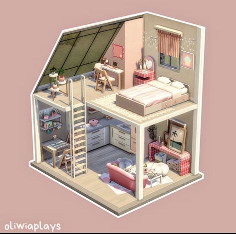 Sims 4 Houses Inside, Sims Mini House, Loft Apartment Layout, Sims 4 Apartment, Mini House Plans, Cool Teen Rooms, Sims Room, Sims 4 Loft, Sims 4 Houses Layout