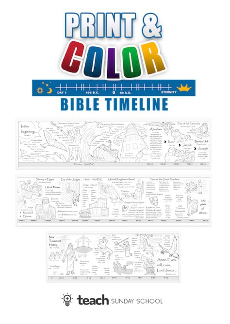 Printable Bible Timeline Kids Can Color & Display.  Great for Home or Church! Sunday Class Lessons, Bible Stories For Kids Printable, Bible Timeline Printables, Genesis Timeline, Bible History Timeline, Bible Timeline Charts, Biblical Timeline History, Bible Timeline, Bible College