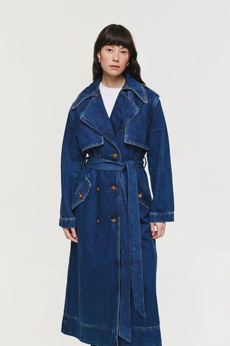 Jamison Denim Trench Coat, £249 Denim Trench Coat Outfit, Spring Coats, Flower Pants, Denim Trench Coat, Elegant Scarves, Contrast Top, Classic Trench Coat, Spring Coat, Conscious Fashion