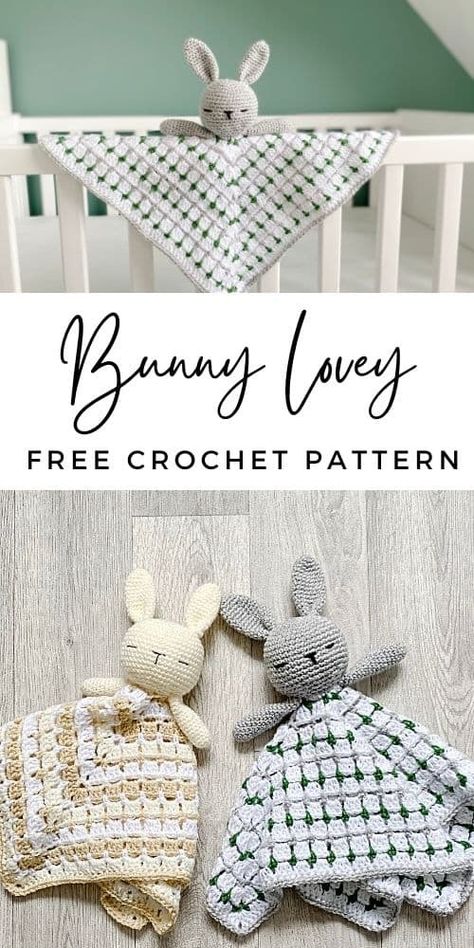 Crochet bunny lovey pattern with amigurumi bunny head and block stitch security blanket. A perfect gender neutral crochet baby gift! Bunny Lovey Pattern, Lovey Free Pattern, Crochet Bunny Lovey, Security Blanket Crochet Pattern, Crochet Lovey Free Pattern, Crochet Baby Projects, Baby Lovies, Bunny Lovey, Crochet Baby Gifts