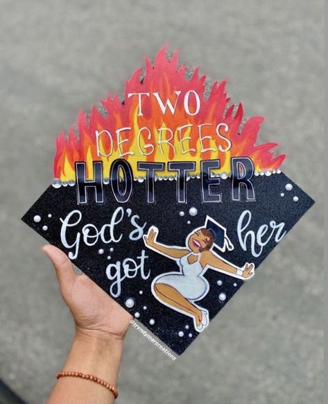 Two Degrees Hotter, Graduation Things, Grad Hats, Creative Graduation Caps, Graduation Cap Ideas, Graduation Hats, College Grad Cap Ideas, Senior Szn, High School Graduation Cap