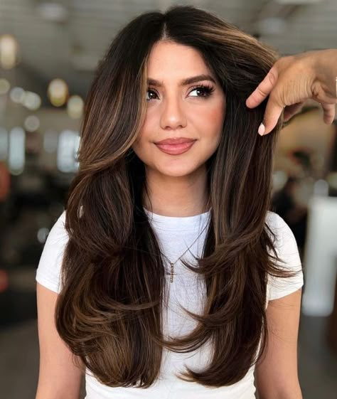 CURTAIN BANG INSPO | 90'S HAIRSTYLE Layered Brunette Balayage Hair, Long Brunette Hair With Layers Straight, Haircut Ideas For Long Hair Layers Brunettes, Brunette Hair Layers, Straight Brunette Hair, Balayage Straight Hair, Haircut Selfie, Photo Hijab, Rambut Brunette