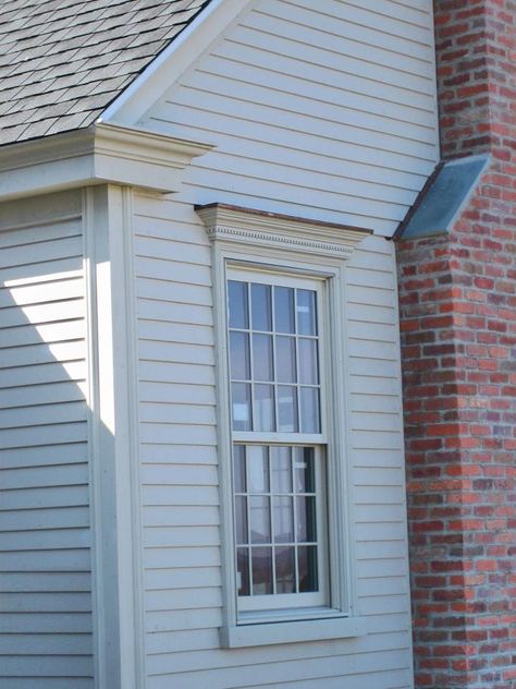 Exterior Detail CCH Cape House Exterior, Hampton Exterior, Georgia Farmhouse, White Farmhouse Exterior, Roof Trim, Exterior Window, Clapboard Siding, House Cladding, Window Trim Exterior