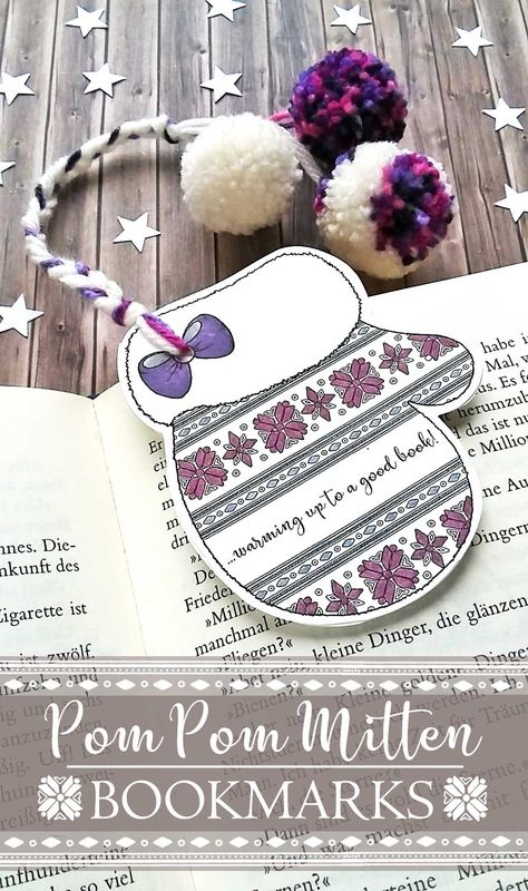 Winter Bookmarks: Pom Pom Mittens - Hattifant Parent Council, Winter Bookmarks, Free Printable Bookmarks, Christmas Gift Tags Handmade, Handprint Ornaments, Christmas Bookmarks, Bookmark Craft, Paper Bookmarks, Bookmarks Kids