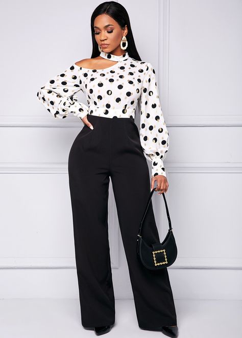 ROTITA Polka Dot Lantern Sleeve Loose Jumpsuit | Rotita.com - USD $45.77 Church Outfit Casual, 2piece Outfits, Rompers For Women, Polka Dot Jumpsuit, Rompers Online, Fashion Top Outfits, Loose Jumpsuit, Fashion Dresses Online, Jumpsuits And Rompers