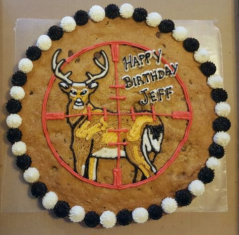 Deer hunter cookie cake Deer Cookie Cake, Happy Birthday Jeff, Deer Birthday Party, Message Cookies, Deer Birthday, Cookie Cake Decorations, Cookie Cake Designs, Cakes Decorating, Birthday Cookie