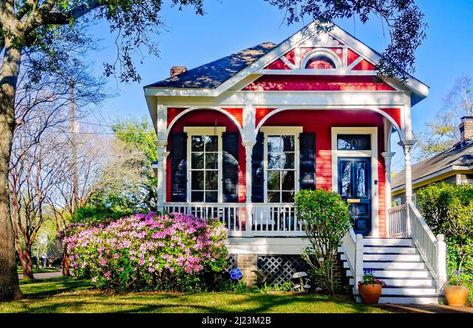 A quaint shotgun house is painted red on South Dearborn Street, March 25, 2022, in Mobile, Alabama. This home was constructed in 1989. Stock Photo Shotgun House Floor Plans, New Orleans Shotgun House, Shotgun House Interior, Shotgun House Plans, Sims Inspiration, Shotgun House, New Orleans Homes, Mobile Alabama, Save File