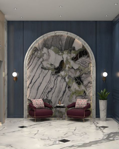 It's a classic & luxuries mix design, for wall paneling we have used blue venner, arc has that classic feel with light behind for enhancing the beauty of the exotic marble. Mirror Panelling Wall, Marble Wall Design, Mirror Wall Design, Lobby Designs, Design For Wall, Feature Wall Design, Interior Decorating Living Room, Luxurious Furniture, Drawing Room Interior