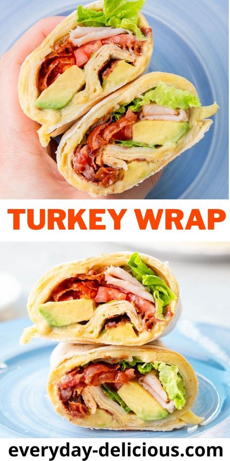 This turkey wrap is made with turkey deli meat, cheese, bacon, lettuce, tomatoes, avocado, and honey mustard dressing. It makes an easy and delicious lunch on the go. It's also perfect for those days when you're in hurry and want a delicious and quick meal fast on the table. Panini Recipes Healthy, Honey Mustard Turkey, Nurse Lunch, Avocado And Honey, Turkey Wrap, Wraps Recipes Easy, Turkey Bacon Wrap, Bacon Lettuce Tomato, Avocado Wrap