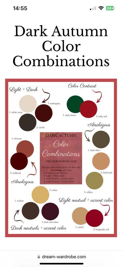 Deep Autumn Colour Combinations, Dark Red Color Combination, Autumn Colors Outfits Women, Dark Autumn Theatrical Romantic, Autumn Outfits Color Palettes, Spring Outfits For Autumn Palette, Deep Autumn Aesthetic Outfits, True Autumn Color Analysis, Deep Autumn Colour Palette