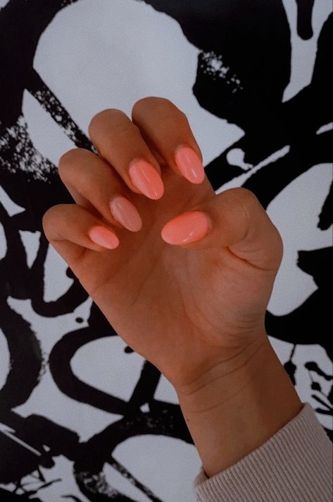 Peach Round Nails, Pink Peachy Nails, Light Pink Orange Nails, Orangish Pink Nails, Almond Coral Nails, Orangey Pink Nails, Pinkish Orange Nails, Pink Orange Nails Summer, Coral Almond Nails