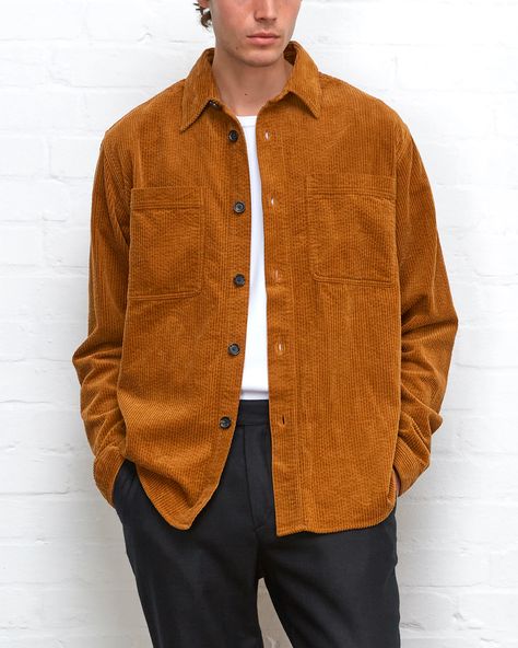 Man wearing a brown/burnt orange corduroy overshirt over a white T-shirt tucked into black tailored pants. This image was included in the article: 22 Luxury Brands Elevating The Shacket For Fall/Winter 2023, on MensFlair.com Corduroy Overshirt, Fall Winter Essentials, Shirt Tucked In, Twill Shirt, Vintage Military, Tailored Pants, Field Jacket, Mens Fashion Trends, Brushed Cotton