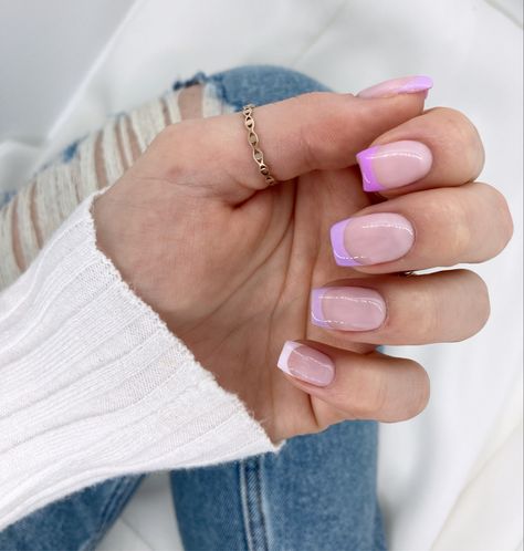 Lilac, pastel, french nails Pink And Lilac French Tips, Lavender Nails French Tip, Lavender French Nails, Lilac French Nails, French Nails Purple, Lilac French Tip Nails, Pastel French Nails, Purple French Nails, Coloured French Manicure