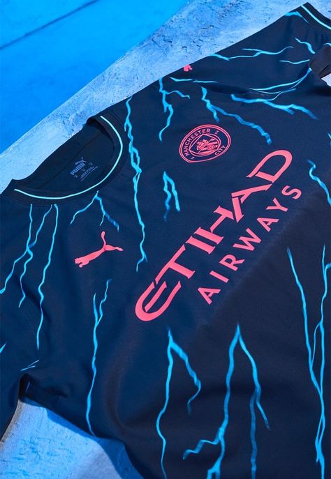 Manchester City Reveal 23/24 Third Shirt From PUMA - SoccerBible Blue Lightning Bolt, Electric Bolt, Blue Lightning, National Stadium, Football Outfits, Fa Cup, Bayern Munich, Football Jersey, Lightning Bolt