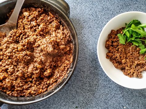 Fall Lentil Ground “Beef” | Inside Out Health & Wellness Lentil Ground Beef, Vegan Balls, Ground Beef Substitute, Vegan Ground Beef, Beef Meat, Tasty Vegetarian Recipes, Lentil Recipes, Vegetarian Dinners, Vegan Meals