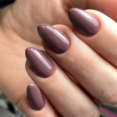 Expensive Looking Nail Color, Gel Nail Designs For Tan Skin, Gel Manicure For Fall, Almo D Shape Nails, Taupe Colored Nails, Sold Nail Colors, Indian Gel Nail Designs, Elegant Almond Nails Classy Fall, Brownish Purple Nails