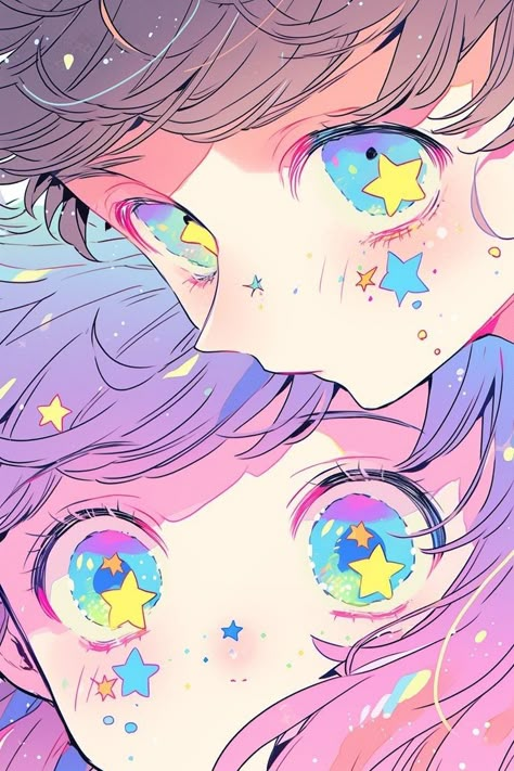 Anime Drawing Coloured, My Star Anime, Fantasy Color Palette, Colourful Anime, Anime Coloring Book, Eyestrain Art, Shoujo Anime, Pastel Color Palette, Star Eyes