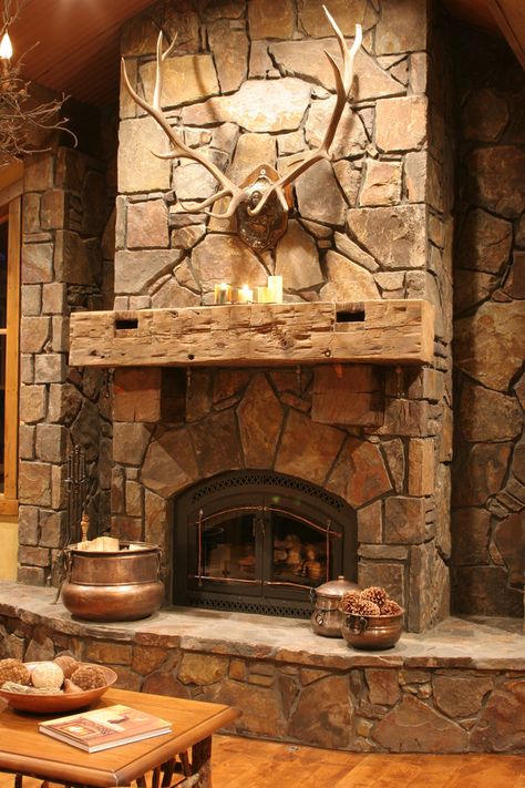 Rustic Stone Fireplace, Rustic Fireplace Mantels, Cabin Fireplace, Fireplace Kits, Wood Stove Fireplace, Rock Fireplaces, Farmhouse Fireplace, Mercer Island, Rustic Fireplaces