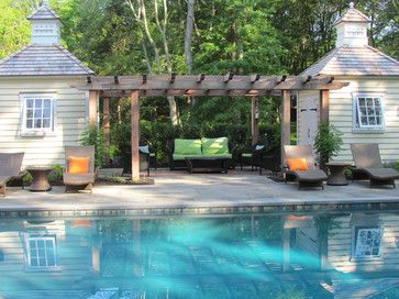 pergola between two buildings Timeless Elegance - traditional - landscape - new york - Harmony Design Group Patio Shed Ideas, Landscaping Bushes, Wisteria Pergola, Pergola Design Ideas, Pool Pergola, White Pergola, Small Pergola, Stone Pool, Cheap Pergola