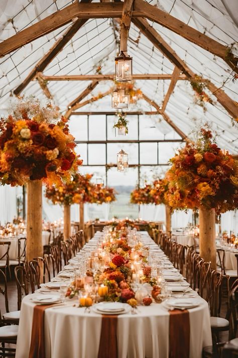 Autumn wedding inspiration: beautiful autumn wedding reception with burnt orange and fall flowers    #wedding #autumnwedding #autumnweddingideas #autumnweddingtheme #weddingreception #weddingreceptiondecor #autumnweddingreception #fallwedding #fallweddingtheme #fallweddingideas #fallweddingreception #fallweddingflowers Autumn Aesthetic Wedding, Fall Wedding Church Decorations, Fall Wedding Reception Ideas, Fall Flowers Wedding, Sienna Wedding, Wedding Veil Hair, Veil Hair Down, Autumn Wedding Decor, Veils Cathedral