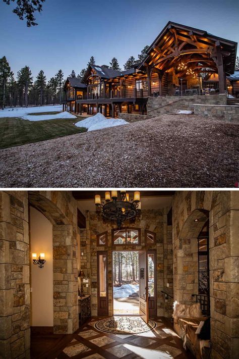 timber frame mansion exterior photography and grand stone front entrance Timber Frame Mansion, Timber Frame House Interior, Timber Frame Exterior, Timber Frame Home Plans, Timber Frame Home, Timber Frame House, Montana Mountains, Timber Homes, Dream Cabin