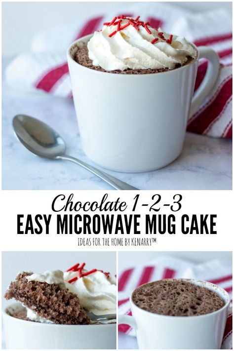 Need to satisfy your sweet tooth? Try this easy 1-2-3 Mug Cake, a single-serving warm dessert, you just microwave in a cup for a minute. It's delicious, quick and uses cake mix! #microwavecake #easydessert #kenarry #ideasforthehome 1 2 3 Mug Cake Recipes, 3 2 1 Cake In A Mug, Cupcake In A Cup Microwave, Weight Watchers 3 2 1 Mug Cake, Easy Cake In A Cup Recipe, Cake Mix In A Cup Microwave, Single Serve Cake In A Cup, 1 2 3 Cake In A Cup, 321 Cake In A Mug