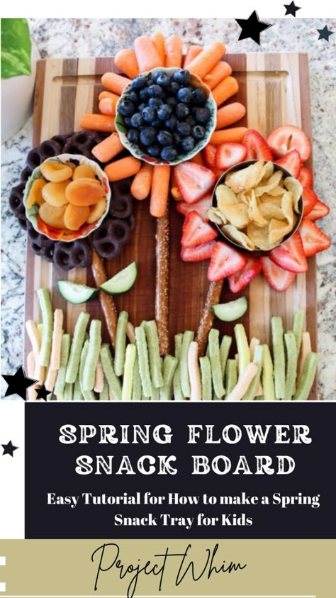 How to make a Spring Flower Snack Board for Kids. Easy Tutorial on how to display food in the shape of flowers for all your Spring Celebrations. #spring #snacks #snackboard #kids #easter Flower Veggie Board, Fun Spring Food Ideas, Spring Themed Food Ideas, Kids Snack Tray Ideas, Spring Flower Birthday Theme, Flower Snacks For Kids, Spring Flower Party Ideas, Spring Snacks Preschool, Spring Party Ideas For Kids