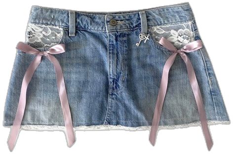 Denim Skirt Design Ideas, Valentines Bows, Skirt Png, Ribbon Fashion, Remake Clothes, Bow Jeans, Coquette Clothes, Coquette Princess, Bows Ribbon