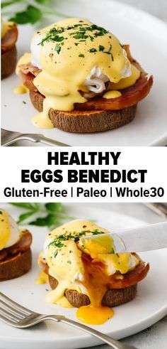 Paleo Breakfast Eggs, Whole 30 Hollandaise Sauce, Healthy Egg Benedict, Healthy Breakfast Paleo, Healthy Eggs Benedict Clean Eating, Egg Recipes Gluten Free, Healthy Egg Toast Breakfast, Low Carb Eggs Benedict, Paleo Brunch Ideas