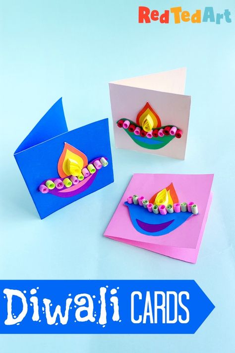 Easy DIY Diwali Card for Kids. This is a great craft idea for Diwali! #diwali #kidscraft #kidsdiwali Diwali Card Making, Diwali Craft For Children, Diwali Ideas, Diwali Activities, Card Making Ideas Easy, Diwali Cards, Crafts By Season, Red Ted Art, Diwali Craft