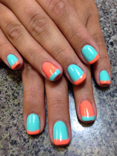 Aqua Coral Nails, French With Color Nails, Summer Nails Teal And Pink, Fun Teal Nails, Turquoise Gel Nails Design, Coral And Teal Nails Color Combinations, Teal Coral Nails, Simple Turquoise Nails, Teal And Orange Nail Designs