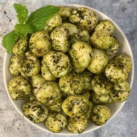 mint makhana served in a bowl with mint leaves on top Baked Indian Snacks, Makhana Recipe, Sandwich Recipes Indian, Chat Masala, Veg Sandwich, Diwali Snacks, Lotus Seeds, Seed Recipes, Indian Rice Recipes