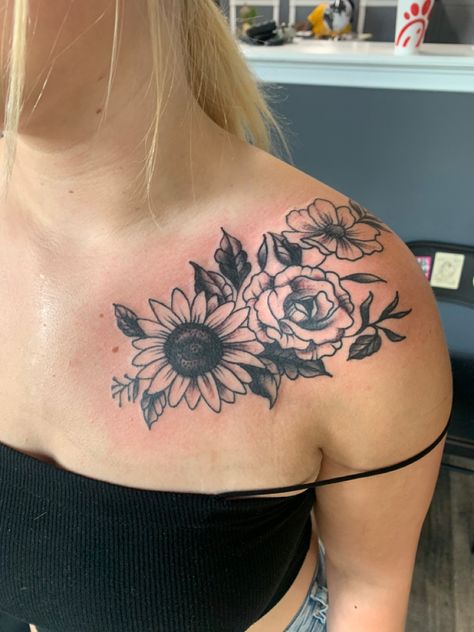 Shoulder Tattoos For Women Cover Up, Chest To Shoulder Tattoo Female, Sunflower Chest Tattoo Female, Sunflower Chest Tattoo, Chest Shoulder Tattoo Female, Flower Chest Tattoo Female, Front Shoulder Tattoos For Women, Chest Tattoo Female Upper, Louisiana Chicken