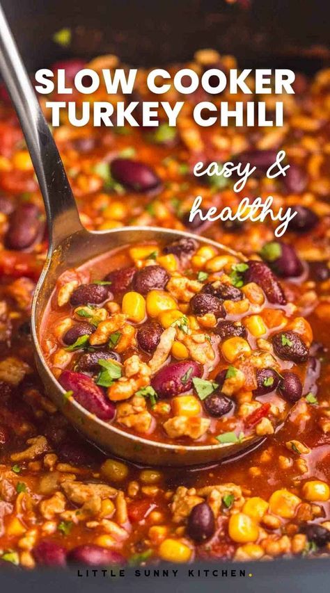 This Slow Cooker Turkey Chili is a family favorite that’s full of flavor with almost no effort! Simmer this lean ground turkey for hours in the Crockpot with beans, corn, tomatoes, and a simple chili seasoning blend for a delicious comforting dinner. Chili Recipe Crockpot Easy Ground Turkey, Easy Healthy Chili Crockpot, Delicious Chili Recipe Crockpot, Crockpot Turkey Chili Recipe Easy, Chili Turkey Recipe, Turkey Meat Chili, Ground Turkey Crock Pot Meals, Turkey Meat Crockpot Recipes, Profile By Sanford Crockpot Recipes