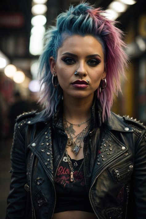 Women Punk Hairstyles, Punk Fashion 80s Women, Punk Rock Hair Women, Punk Hair Long Hairstyles, Punk Hair And Makeup, Edgy Colored Hair, Feminine Punk Hair, Wavy Punk Hair, Punk Make Up 80s