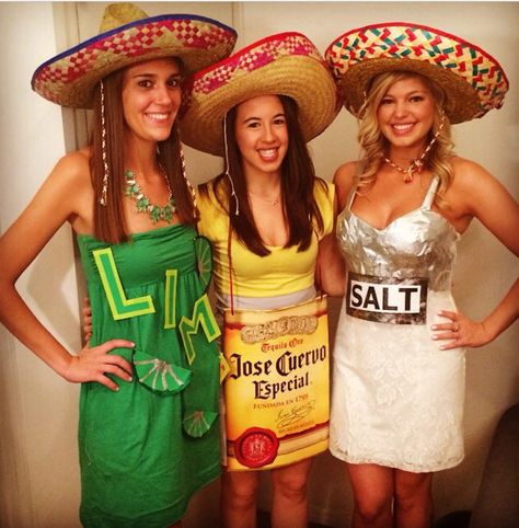 Halloween costume- tequila shot                                                                                                                                                                                 More Fiesta Dress Up, Margarita Party Outfit, Tequila Lime Salt Halloween Costume, Mexican Dress Up Party Costumes, Tequila Halloween Costume, Halloween Costumes For Mexicans, Tequila Costume, Mexican Fiesta Party Outfit, Mexican Inspired Halloween Costumes