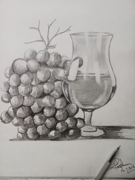 Grape Twig In Wine Bottle On Behance D68 Steel Life Drawing Pencil, Steel Life Drawing, Wine Bottle Drawing, Still Life Pencil Shading, Easy Still Life Drawing, Grape Drawing, Steel Life, Drawing Basics, Oil Pastel Drawings Easy